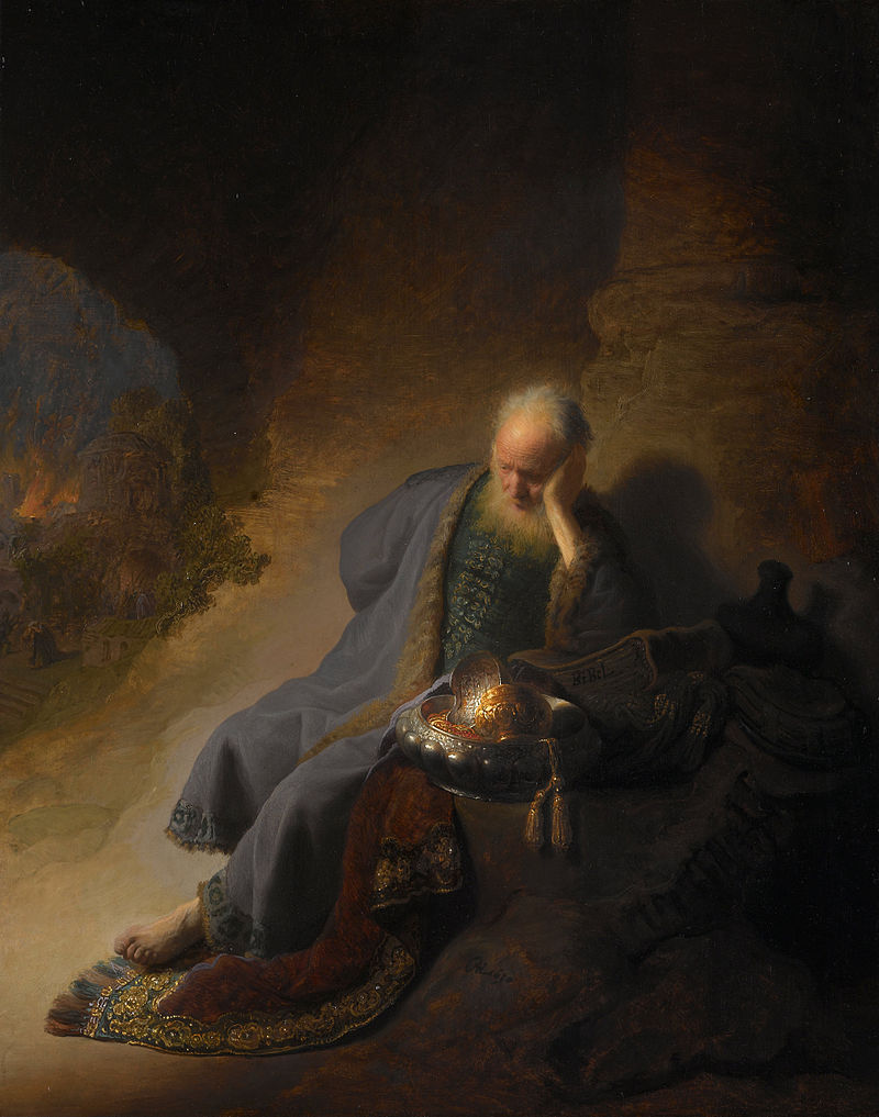 Jeremiah laments - Rembrandt van Rijn, Jeremiah Lamenting the Destruction of Jerusalem (c. 1630)